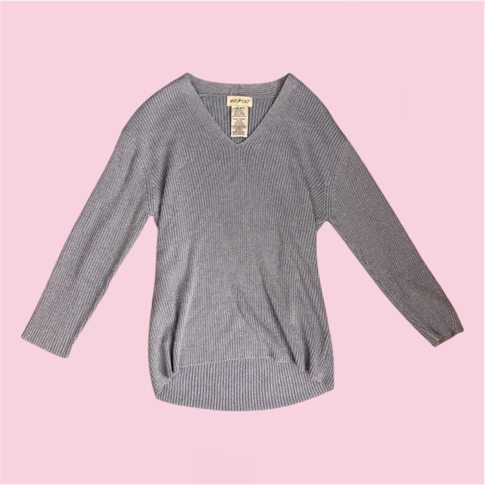 Grey-blue ribbed long sleeve top with an all-over sparkle finish - Size M
